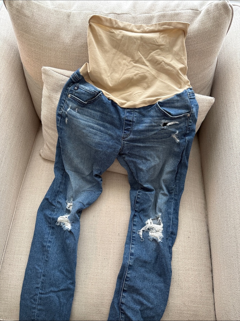 AG Jeans Maternity Distressed Blue Denim Jeans with belly support 30